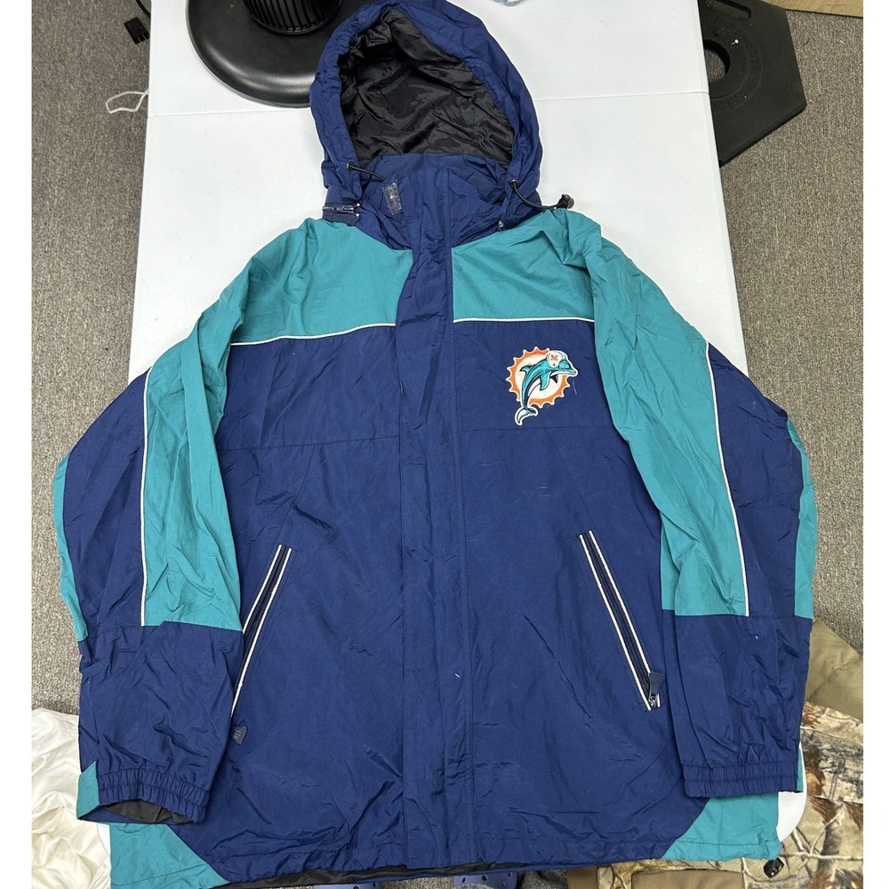 NFL Miami Dolphins Windbreaker Jacket Mens XL Blue Teal Hooded Full Zip Logo